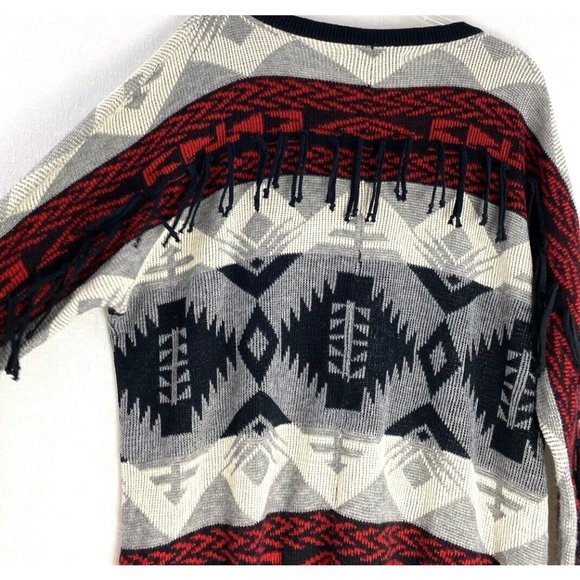 VINTAGE HAVANA Fringed Tribal Aztec Boho Sesign woman Sweater Charcoal- Red S - Picture 4 of 12